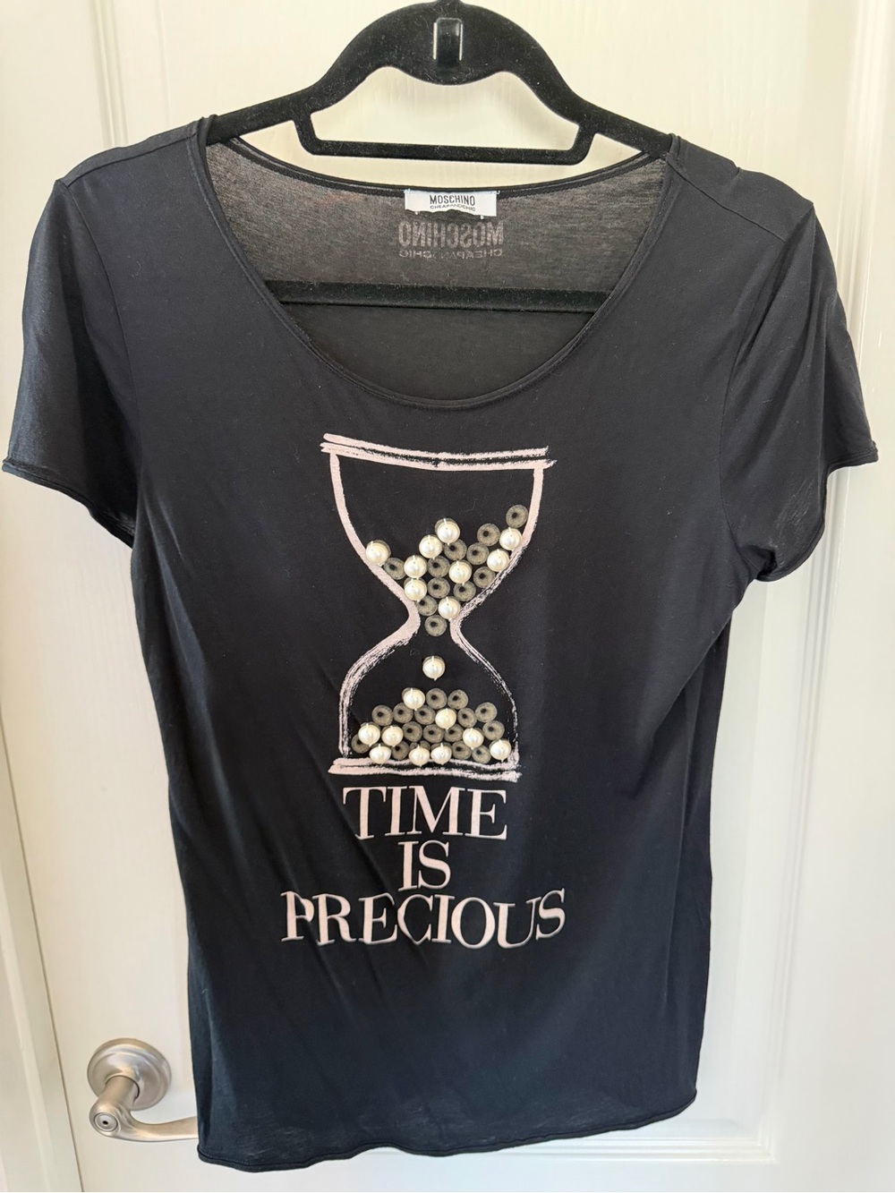 Rare Moschino with Time is Precious Hourglass and Pearl Embellishment